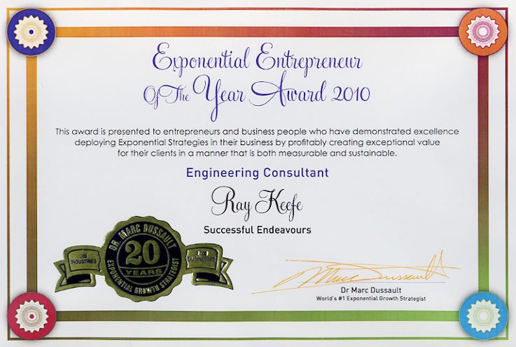 Marc-Dussault-Ray-Keefe-Entepreneur-Award-2010-Certificate Exponential Entrepreneur of the Year Certificate
