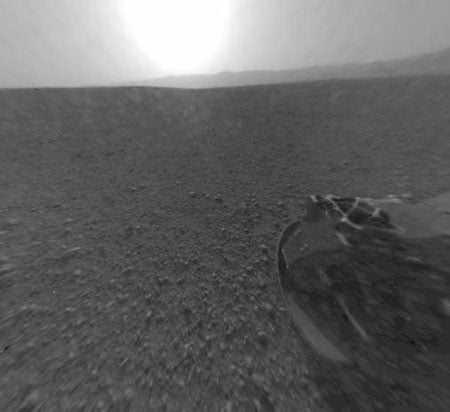 Curiosity On Mars - front leg in view Curiosity On Mars after successfully landing