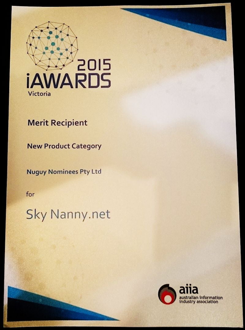 Skynanny.net iAward merit certificate - New Product Skynanny.net iAward merit certificate